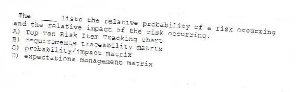 The _____ lists the relative probability of a risk occurring and the relative impact of the risk occurring.
A) Top Ten Risk Item Tracking chart
B) requirements traceability matrix
C) probability/impact matrix
D) expectations management matrix