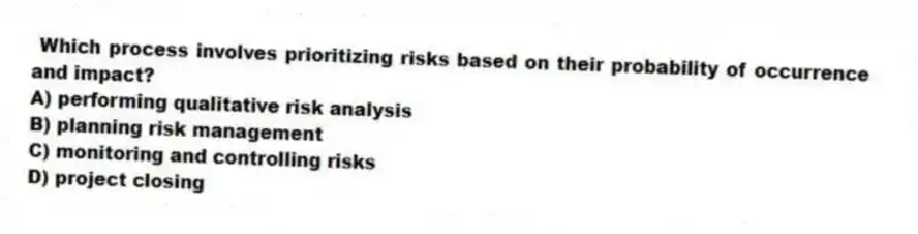 Which process involves prioritizing risks based on their probability of occurrence and impact?
A) performing qualitative risk analysis
B) planning risk management
C) monitoring and controlling risks
D) project closing