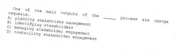  One of the main outputs of the _____ process are change requests.
A) planning stakeholder management
B) identifying stakeholders
C) managing stakeholder engagement
D) controlling stakeholder engagement