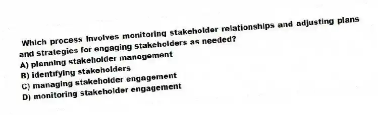Which process involves monitoring stakeholder relationships and adjusting plans and strategies for engaging stakeholders as needed?
A) planning stakeholder management
B) identifying stakeholders
C) managing stakeholder engagement
D) monitoring stakeholder engagement