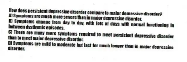 How does persistent depressive disorder compare to major depressive disorder?
A) Symptoms are much more severe than in major depressive disorder.
B) Symptoms change from day to day, with lots of days with normal functioning in between dysthymic episodes.
C) There are many more symptoms required to meet persistent depressive disorder than to meet major depressive disorder.
D) Symptoms are mild to moderate but last for much longer than in major depressive disorder.