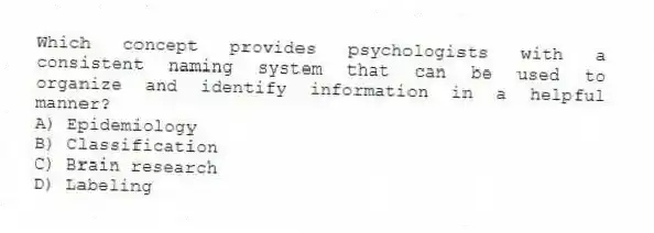 Which concept provides psychologists with a consistent naming system that can be used to organize and identify information in a helpful manner?
A) Epidemiology
B) Classification
C) Brain research
D) Labeling