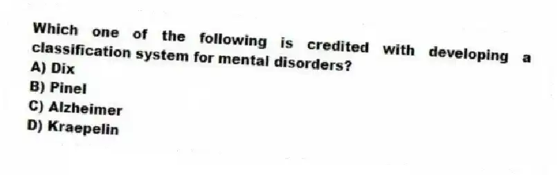 Which one of the following is credited with developing a classification system for mental disorders?
A) Dix
B) Pinel
C) Alzheimer
D) Kraepelin