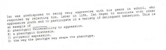 Ian was predisposed to being very aggressive with his peers in school, who responded by rejecting him. Later in life, Ian began to associate with other aggressive youth and to participate in a variety of delinquent behaviors. This is an example of ________
A) phenotypic vulnerability to aggression.
B) a phenotypic diathesis.
C) polygenic expression.
D) the way the genotype may shape the phenotype.