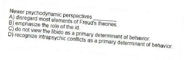 Newer psychodynamic perspectives ________
A) disregard most elements of Freud's theories.
B) emphasize the role of the id.
C) do not view the libido as a primary determinant of behavior.
D) recognize intrapsychic conflicts as a primary determinant of behavior.