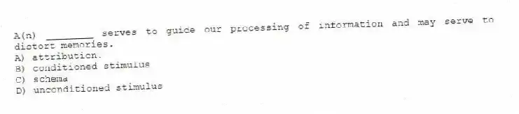 A(n) ________ serves to guide our processing of information and may serve to distort memories.
A) attribution.
B) conditioned stimulus
C) schema
D) unconditioned stimulus