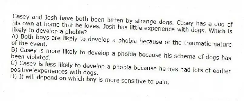 Casey and Josh have both been bitten by strange dogs. Casey has a dog of his own at home that he loves. Josh has little experience with dogs. Which is likely to develop a phobia?
A) Both boys are likely to develop a phobia because of the traumatic nature of the event.
B) Casey is more likely to develop a phobia because his schema of dogs has been violated.
C) Casey is less likely to develop a phobia because he has had lots of earlier positive experiences with dogs.
D) It will depend on which boy is more sensitive to pain.