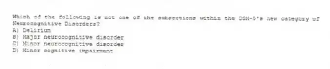 Which of the following is not one of the subsections within the DSM-5's new category of Neurocognitive Disorders?
A) Delirium
B) Major neurocognitive disorder
C) Minor neurocognitive disorder
D) Minor cognitive impairment