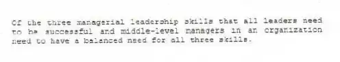 Of the three managerial leadership skills that all leaders need to be successful and middle-level managers in an organization need to have a balanced need for all three skills.