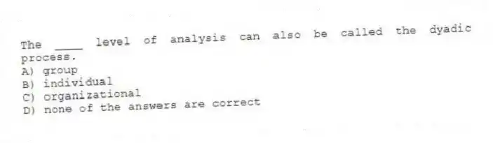 The ____ level of analysis can also be called the dyadic process.
A) group
B) individual
C) organizational
D) none of the answers are correct