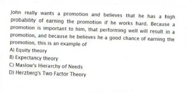 John really wants a promotion and believes that he has a high probability of earning the promotion if he works hard. Because a promotion is important to him, that performing well will result in a promotion, and because he believes he a good chance of earning the promotion, this is an example of
A) Equity theory
B) Expectancy theory
C) Maslow's Hierarchy of Needs
D) Herzberg's Two Factor Theory