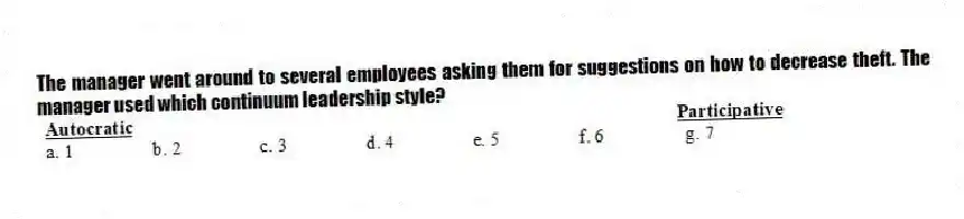 The manager went around to several employees asking them for suggestions on how to decrease theft. The manager used which continuum leadership style?