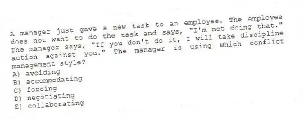 A manager just gave a new task to an employee. The employee does not want to do the task and says, "I'm not doing that." The manager says, "If you don't do it, I will take discipline action against you." The manager is using which conflict management style?
A) avoiding
B) accommodating
C) forcing
D) negotiating
E) collaborating