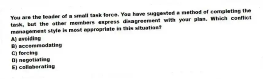 You are the leader of a small task force. You have suggested a method of completing the task, but the other members express disagreement with your plan. Which conflict management style is most appropriate in this situation?
A) avoiding
B) accommodating
C) forcing
D) negotiating
E) collaborating
