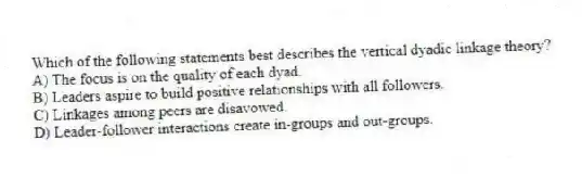 Which of the following statements best describes the vertical dyadic linkage theory?
A) The focus is on the quality of each dyad.
B) Leaders aspire to build positive relationships with all followers.
C) Linkages among peers are disavowed.
D) Leader-follower interactions create in-groups and out-groups.
