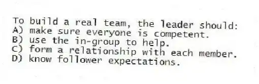 To build a real team, the leader should:
A) make sure everyone is competent.
B) use the in-group to help.
C) form a relationship with each member.
D) know follower expectations.