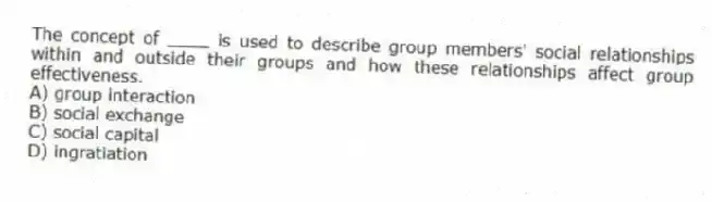 The concept of ____ is used to describe group members' social relationships within and outside their groups and how these relationships affect group effectiveness.
A) group interaction
B) social exchange
C) social capital
D) ingratiation