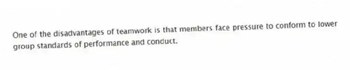 One of the disadvantages of teamwork is that members face pressure to conform to lower group standards of performance and conduct.