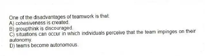 One of the disadvantages of teamwork is that:
A) cohesiveness is created.
B) groupthink is discouraged.
C) situations can occur in which individuals perceive that the team impinges on their autonomy.
D) teams become autonomous.