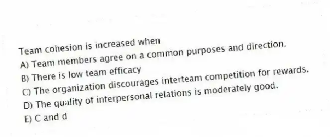 Team cohesion is increased when
A) Team members agree on a common purposes and direction.
B) There is low team efficacy
C) The organization discourages interteam competition for rewards.
D) The quality of interpersonal relations is moderately good.
E) C and d