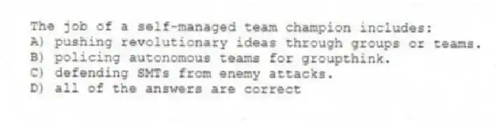 The job of a self-managed team champion includes:
A) pushing revolutionary ideas through groups or teams.
B) policing autonomous teams for groupthink.
C) defending SMTs from enemy attacks.
D) all of the answers are correct