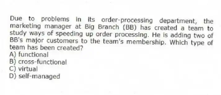 Due to problems in its order-processing department, the marketing manager at Big Branch (BB) has created a team to study ways of speeding up order processing. He is adding two of BB's major customers to the team's membership. Which type of team has been created?
A) functional
B) cross-functional
C) virtual
D) self-managed