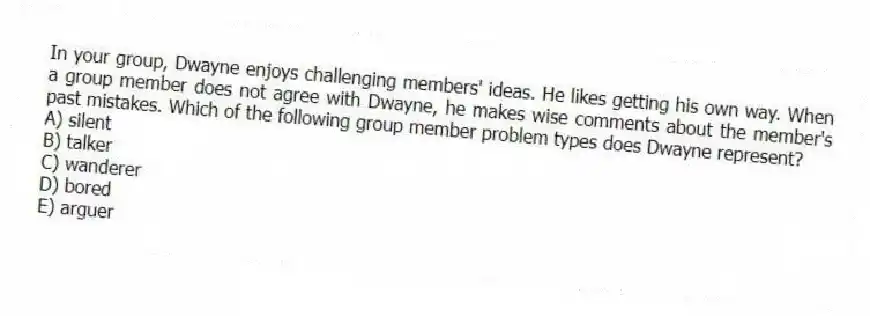 In your group, Dwayne enjoys challenging members' ideas. He likes getting his own way. When a group member does not agree with Dwayne, he makes wise comments about the member's past mistakes. Which of the following group member problem types does Dwayne represent?
A) silent
B) talker
C) wanderer
D) bored
E) arguer