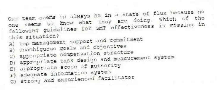 Our team seems to always be in a state of flux because no one seems to know what they are doing. Which of the following guidelines for SMT effectiveness is missing in this situation?
A) top management support and commitment
B) unambiguous goals and objectives
C) appropriate compensation structure
D) appropriate task design and measurement system
E) appropriate scope of authority
F) adequate information system
G) strong and experienced facilitator