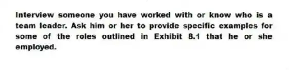 Interview someone you have worked with or know who is a team leader. Ask him or her to provide specific examples for some of the roles outlined in Exhibit 8.1 that he or she employed.