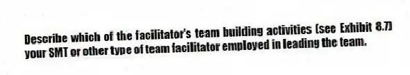 Describe which of the facilitator's team building activities (see Exhibit 8.7) your SMT or other type of team facilitator employed in leading the team.