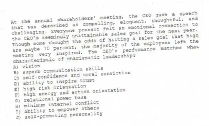 At the annual shareholders' meeting, the CEO gave a speech that was described as compelling, eloquent, thoughtful, and challenging. Everyone present felt an emotional connection to the CEO's seemingly unattainable sales goal for the next year. Though some thought the odds of hitting a sales goal that high are maybe 70 percent, the majority of the employees left the meeting very inspired. The CEO's performance matches what characteristic of charismatic leadership?
A) vision
B) superb communication skills
C) self-confidence and moral conviction
D) ability to inspire trust
E) high risk orientation
F) high energy and action orientation
G) relational power base
H) minimum internal conflict
I) ability to empower others
J) self-promoting personality