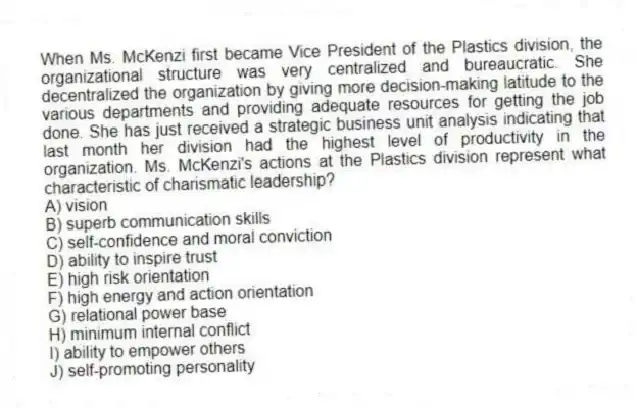 When Ms. McKenzi first became Vice President of the Plastics division, the organizational structure was very centralized and bureaucratic. She decentralized the organization by giving more decision-making latitude to the various departments and providing adequate resources for getting the job done. She has just received a strategic business unit analysis indicating that last month her division had the highest level of productivity in the organization. Ms. McKenzi's actions at the Plastics division represent what characteristic of charismatic leadership?
A) vision
B) superb communication skills
C) self-confidence and moral conviction
D) ability to inspire trust
E) high risk orientation
F) high energy and action orientation
G) relational power base
H) minimum internal conflict
I) ability to empower others
J) self-promoting personality
