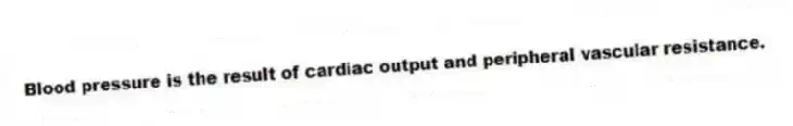 Blood pressure is the result of cardiac output and peripheral vascular resistance.