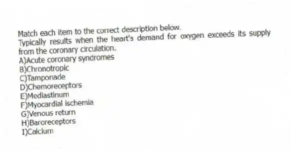 Match each item to the correct description below.
-Typically results when the heart's demand for oxygen exceeds its supply from the coronary circulation.
A)Acute coronary syndromes
B)Chronotropic
C)Tamponade
D)Chemoreceptors
E)Mediastinum
F)Myocardial ischemia
G)Venous return
H)Baroreceptors
I)Calcium