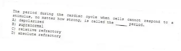 The period during the cardiac cycle when cells cannot respond to a stimulus, no matter how strong, is called the _____ period.
A) depolarized
B) supranormal
C) relative refractory
D) absolute refractory