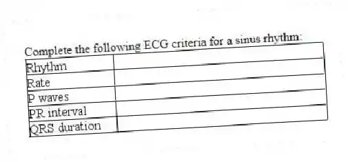 Complete the following ECG criteria for a sinus rhythm: