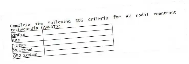 Complete the following ECG criteria for AV nodal reentrant tachycardia (AVNRT):