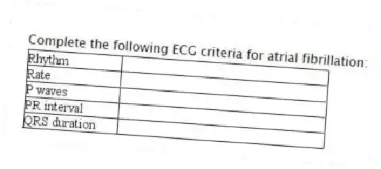 Complete the following ECG criteria for atrial fibrillation: