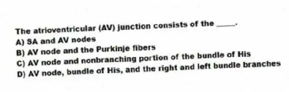 The atrioventricular (AV) junction consists of the _____.
A) SA and AV nodes
B) AV node and the Purkinje fibers
C) AV node and nonbranching portion of the bundle of His
D) AV node, bundle of His, and the right and left bundle branches