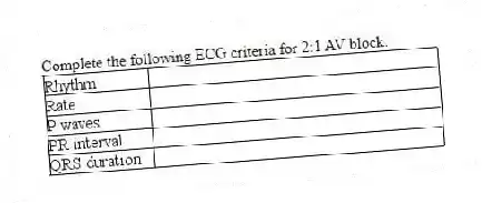 Complete the following ECG criteria for 2:1 AV block:
 