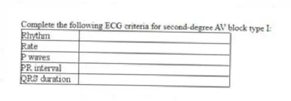 Complete the following ECG criteria for second-degree AV block type I: