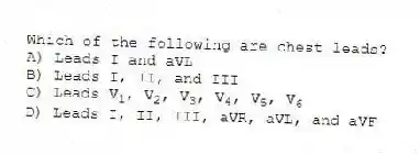 Which of the following are chest leads?
A) Leads I and aVL
B) Leads I, II, and III
C) Leads V<sub>1</sub>, V<sub>2</sub>, V<sub>3</sub>, V<sub>4</sub>, V<sub>5</sub>, V<sub>6</sub>
D) Leads I, II, III, aVR, aVL, and aVF