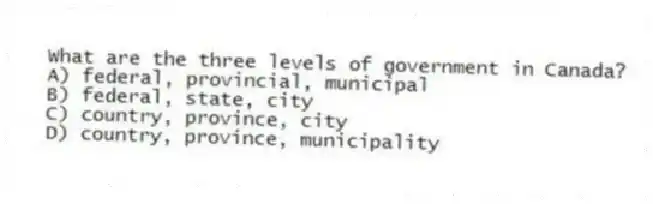 What are the three levels of government in Canada?
A) federal, provincial, municipal
B) federal, state, city
C) country, province, city
D) country, province, municipality