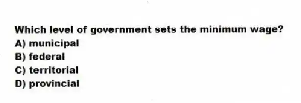 Which level of government sets the minimum wage?
A) municipal
B) federal
C) territorial
D) provincial