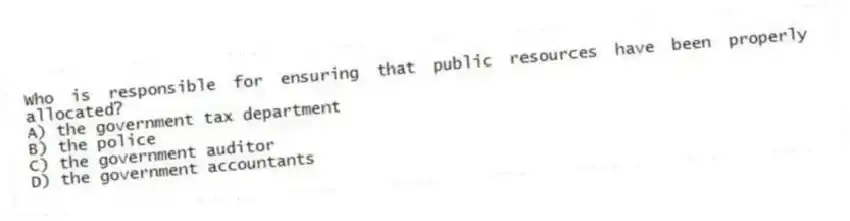 Who is responsible for ensuring that public resources have been properly allocated?
A) the government tax department
B) the police
C) the government auditor
D) the government accountants