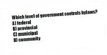 Which level of government controls bylaws?
A) federal
B) provincial
C) municipal
D) community