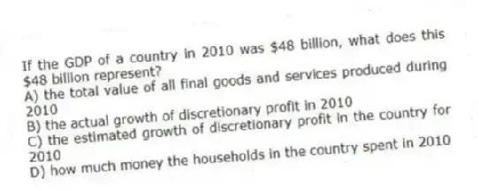 If the GDP of a country in 2010 was $48 billion, what does this $48 billion represent?
A) the total value of all final goods and services produced during 2010
B) the actual growth of discretionary profit in 2010
C) the estimated growth of discretionary profit in the country for 2010
D) how much money the households in the country spent in 2010