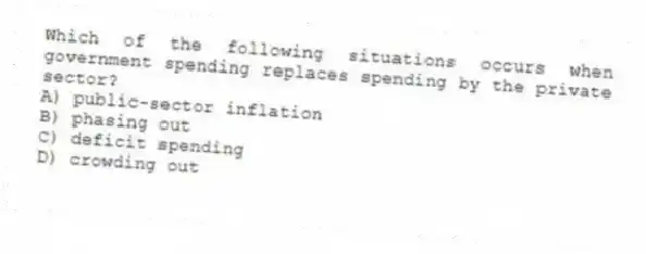 Which of the following situations occurs when government spending replaces spending by the private sector?
A) public-sector inflation
B) phasing out
C) deficit spending
D) crowding out