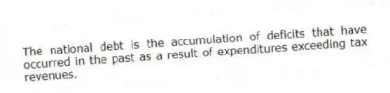 The national debt is the accumulation of deficits that have occurred in the past as a result of expenditures exceeding tax revenues.