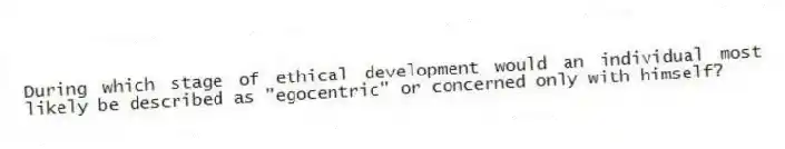 During which stage of ethical development would an individual most likely be described as "egocentric" or concerned only with himself?